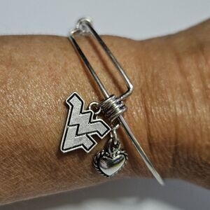 West Virginia Mountaineers Silver Tone Slide Heart Bead Charm Bracelet 7.5"